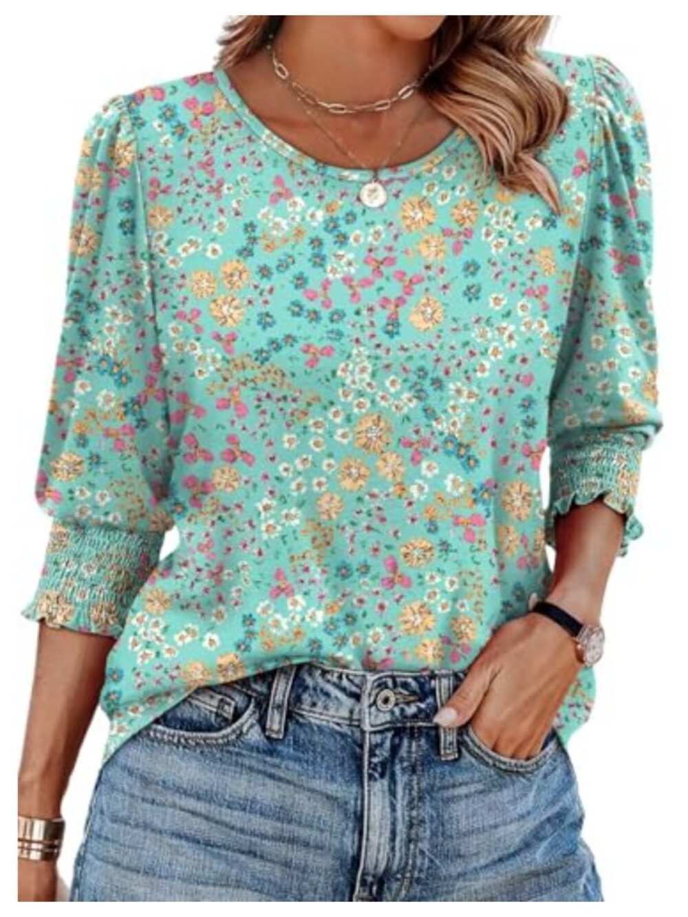 Womens Blouse 3/4 Sleeve Smocked Cuffs Curved Hem Business Casual Top